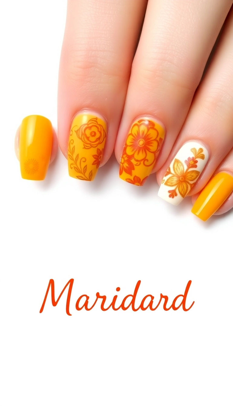 25 Mexican Style Nail Designs That Will Make You the Star of Every Fiesta! - 9. Marigold Magic