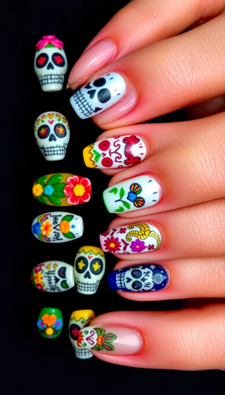 25 Mexican Style Nail Designs That Will Make You the Star of Every Fiesta! - 3. Sugar Skull Chic