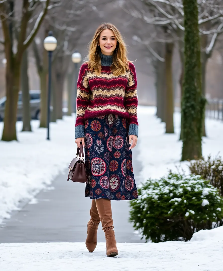 15 Warm Winter Outfits That'll Keep You Cozy and Stylish All Season Long! - 10. Printed Midi Skirts with Thick Knits