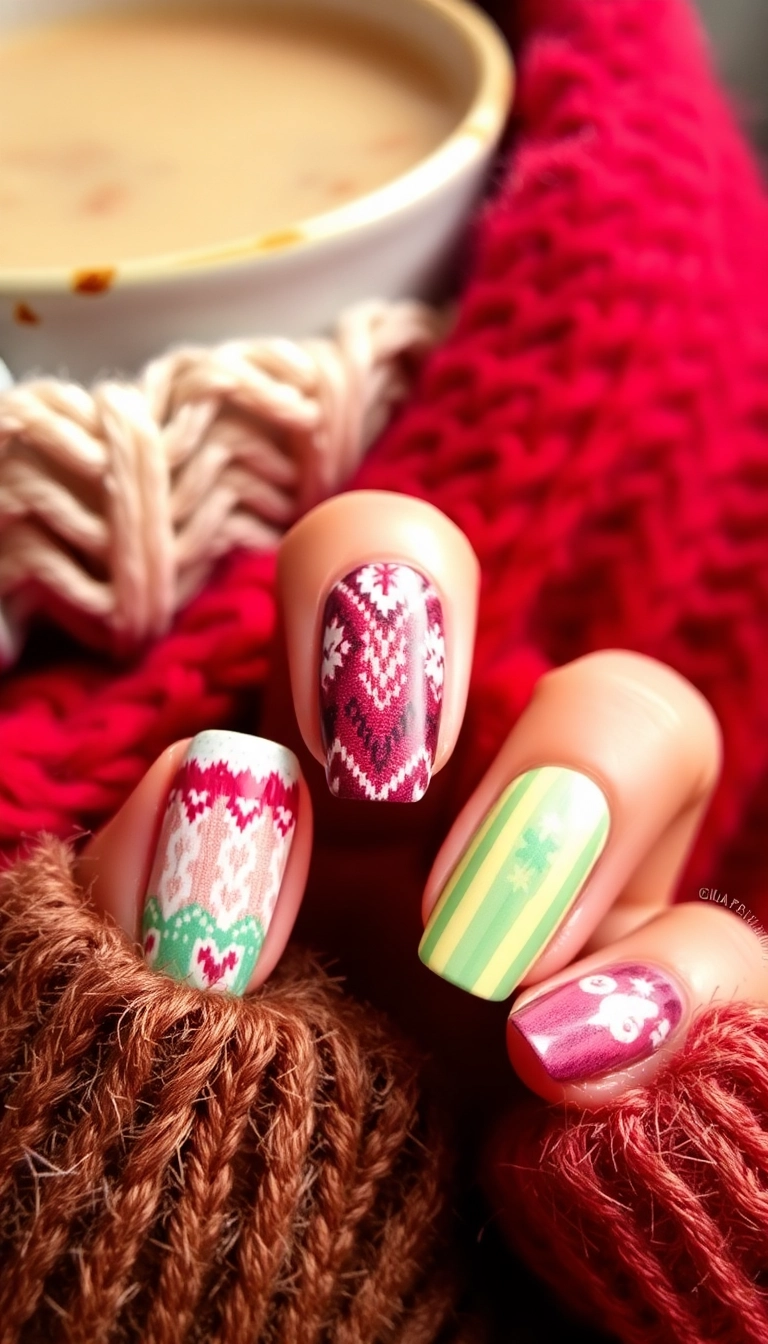 25 Stunning Acrylic Nails for Winter That Will Make You the Trendsetter! - 6. Cozy Sweater Patterns