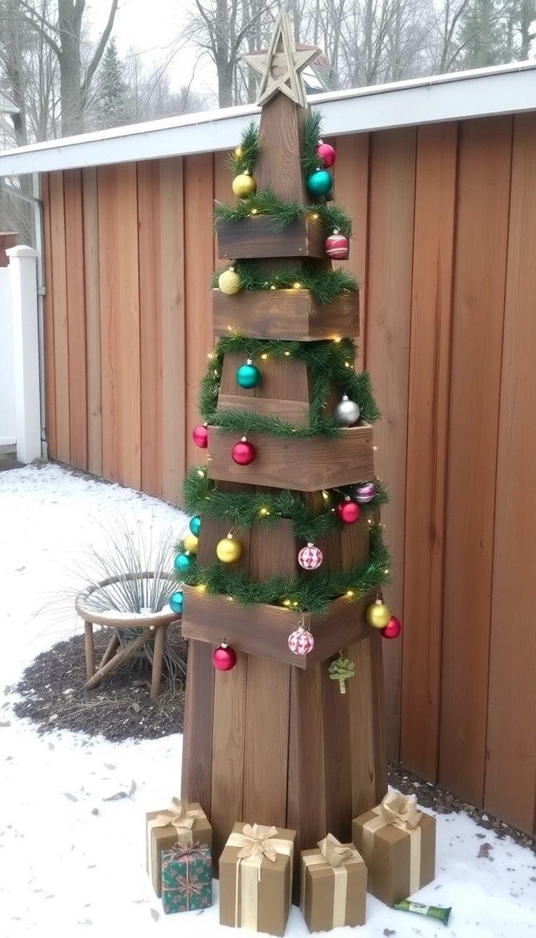 21 DIY Outdoor Christmas Decorations Ideas That Will Make Your Neighbors Jealous! - 3. Rustic Wooden Christmas Tree