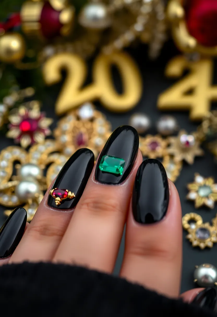 Sophisticated Black Nails: Perfect for New Year Nails - 10. Black and Jewel-Toned Accents