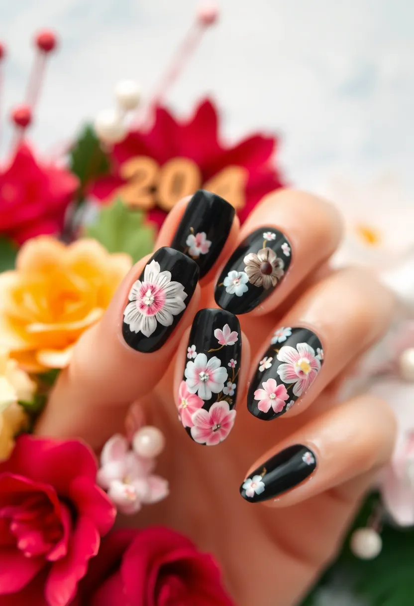 Sophisticated Black Nails: Perfect for New Year Nails - 6. Floral Accents