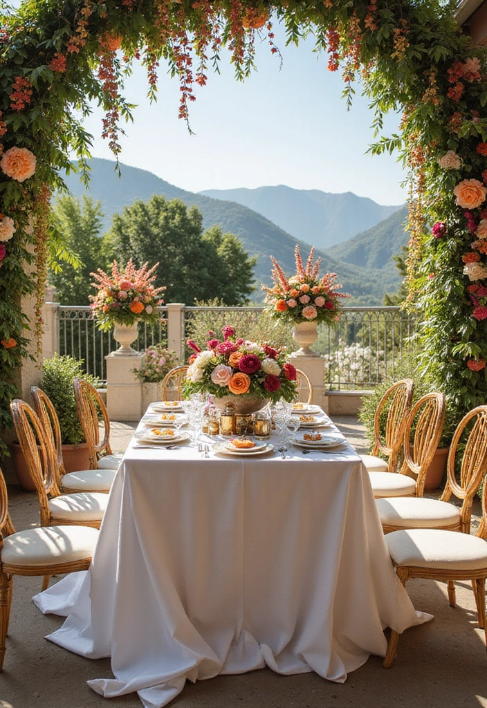 Hochzeitstafel geschmückt mit vielen Blumen und in Goldtönen mit Blick auf die Berge