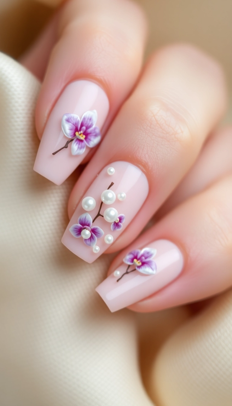 23 Stunning Orchid Nail Designs That Will Make Your Friends Jealous! - 14. Orchid and Pearl Elegance