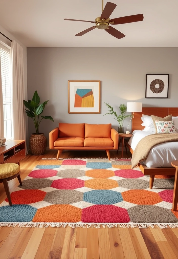 15 Dreamy Mid-Century Modern Bedroom Makeovers That Cost Less Than $500 (You Won't Believe #9!) - 9. Bold Accent Rugs