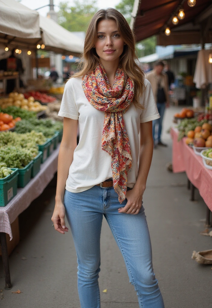 15 Casual Outfit Ideas That'll Make You Look Effortlessly Chic! - 13. Printed Scarf & Basic Outfit