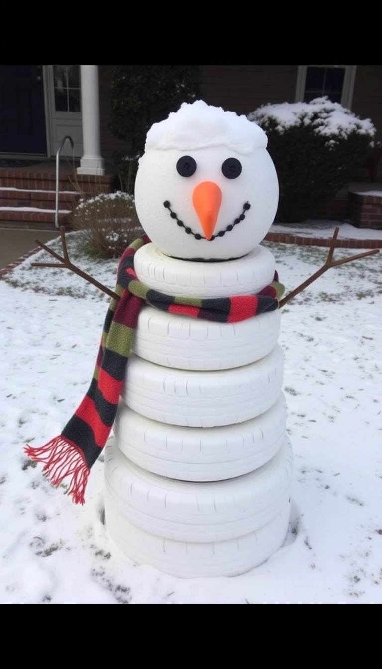 21 DIY Outdoor Christmas Decorations Ideas That Will Make Your Neighbors Jealous! - 1. DIY Snowman Made from Tires