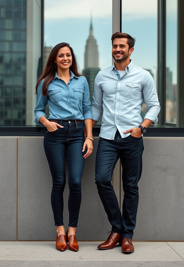 12 Smart Casual Matching Outfits for Couples That’ll Make You the Power Pair at Work! - 1. Classic Denim Duo