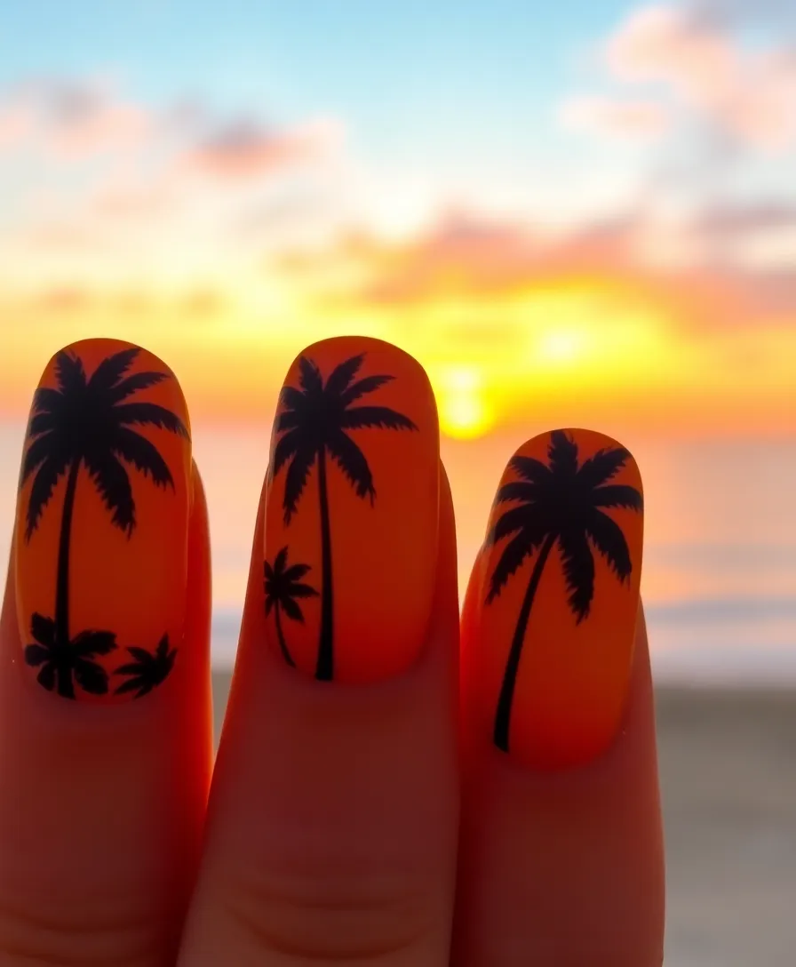 21 Gorgeous Summer Holiday Nail Ideas to Make Your Friends Jealous! - 8. Sunset Palm Trees