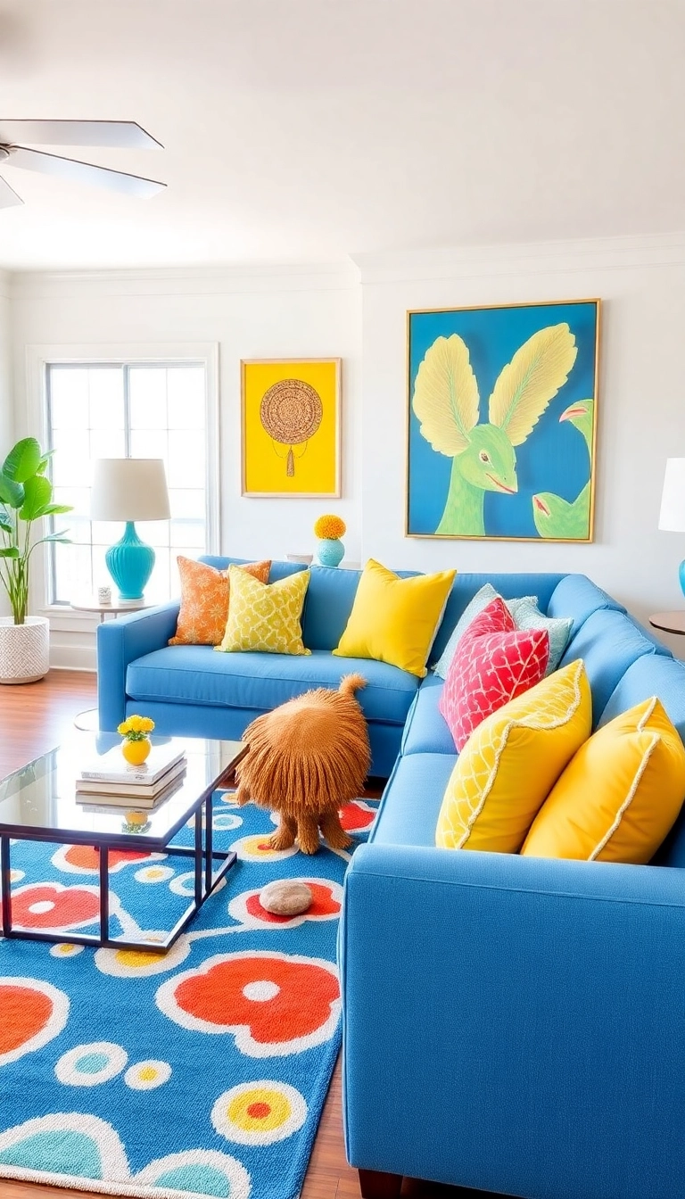 14 Coastal Blue Couch Living Room Ideas That Will Bring the Beach to Your Home! - 12. Color Pop