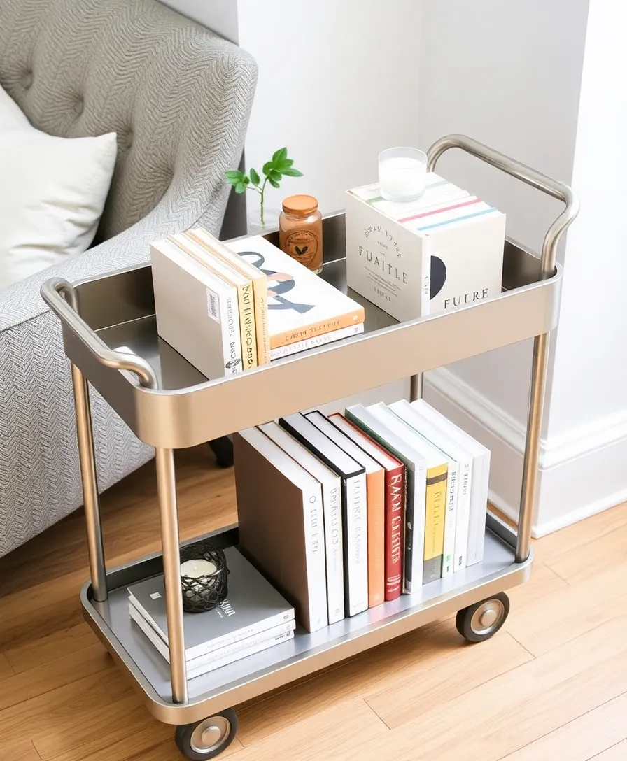 13 Book Storage Aesthetics That Make Minimalism Look Stunning (You’ll Love #5!) - 12. Minimalist Cart: Mobile Storage