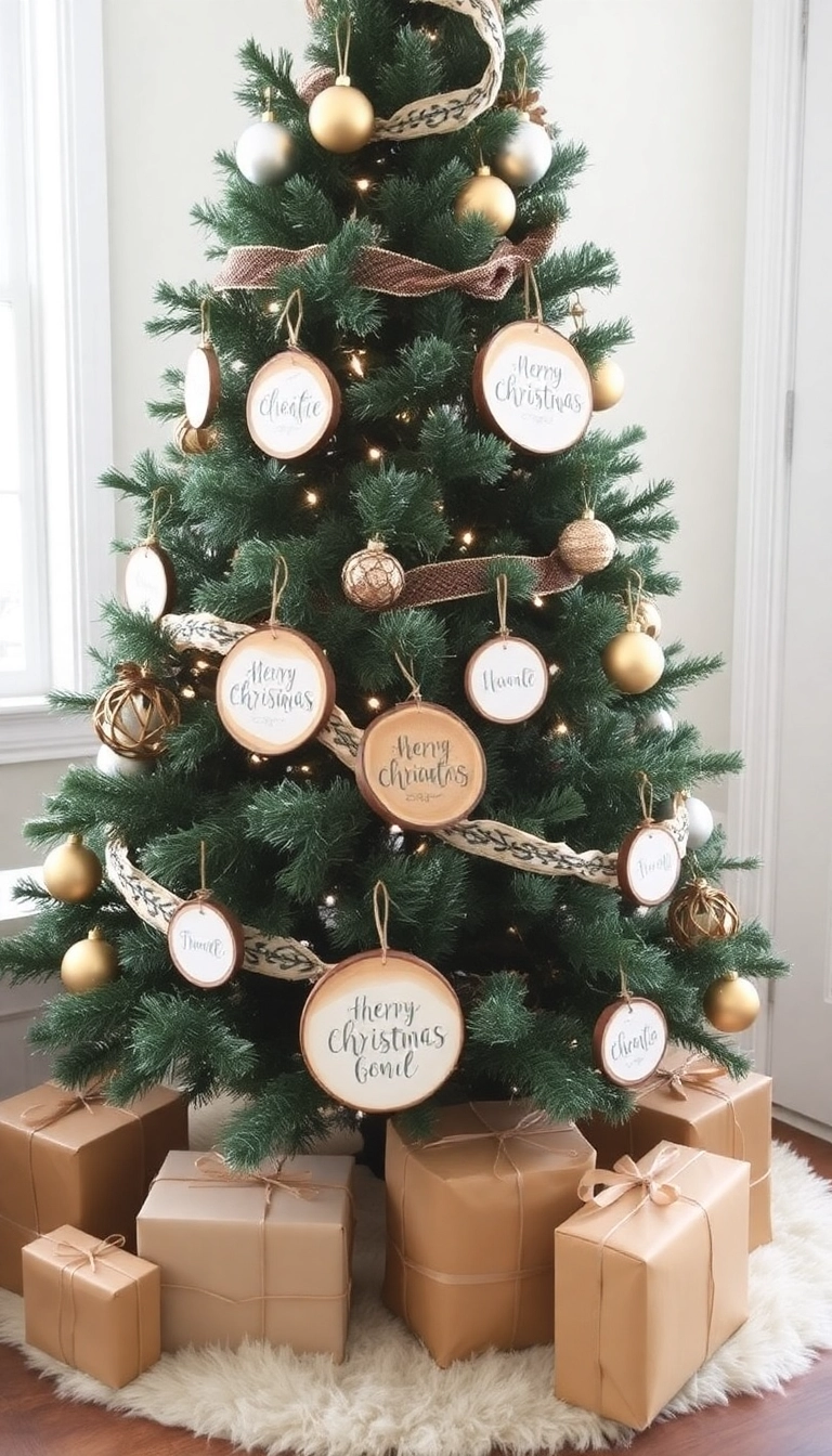 21 Cozy Farmhouse Christmas Tree Ideas That'll Make You Wish It Was Christmas Year-Round! - Rustic Wood Slice Ornaments