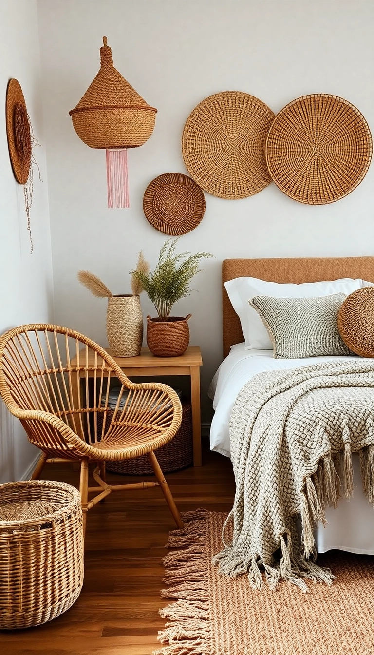 21 Cozy Boho Bedroom Ideas That'll Make You Feel Like You’re on a Permanent Vacation! - 19. Woven Textures