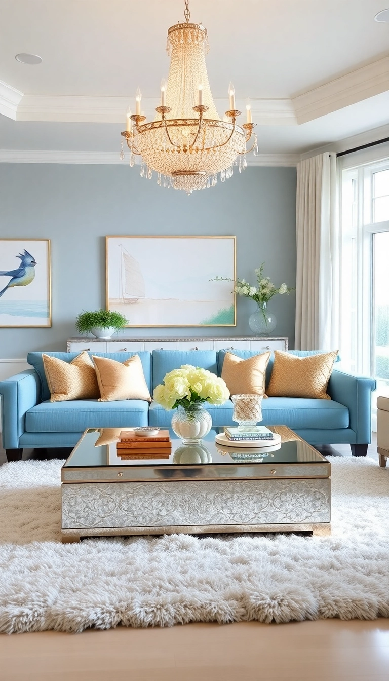 14 Coastal Blue Couch Living Room Ideas That Will Bring the Beach to Your Home! - 8. Coastal Glam