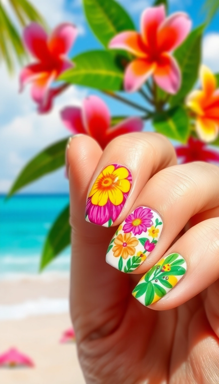 27 Beach Nails Designs That Will Make You Dream of Sunshine (You Won't Believe #15!) - 12. Bright Floral Patterns