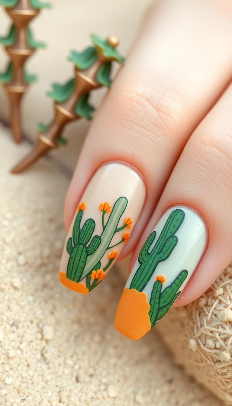 25 Mexican Style Nail Designs That Will Make You the Star of Every Fiesta! - 5. Cacti and Desert Vibes