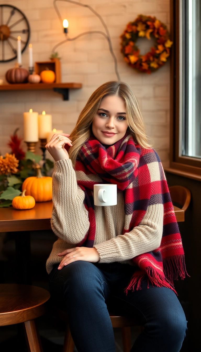 20 Trendy Thanksgiving Outfit Aesthetic Inspirations That Will Elevate Your Fall Wardrobe! - 13. Colorful Plaid Scarf with a Neutral Outfit