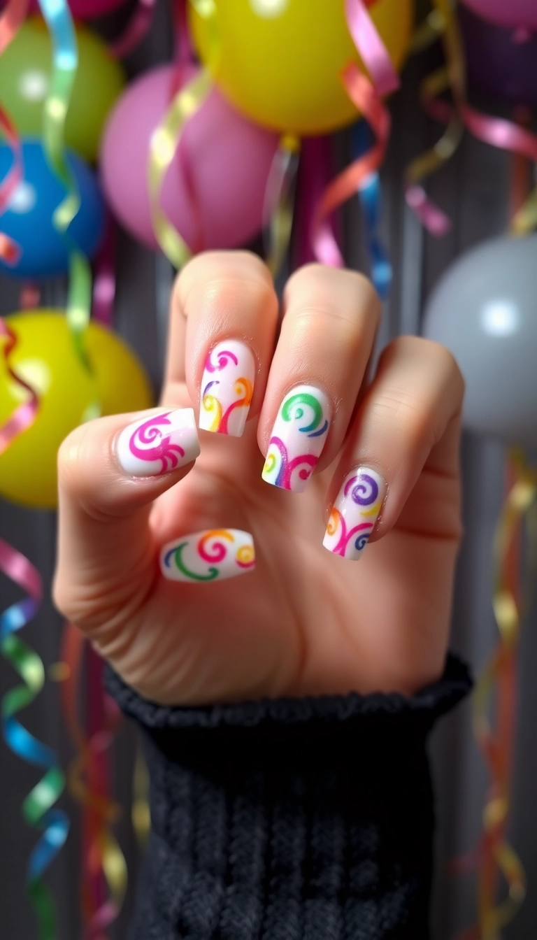 20 Fun New Year Themed Nails Designs That Will Kickstart Your Celebration! - 12. Colorful Party Streamers