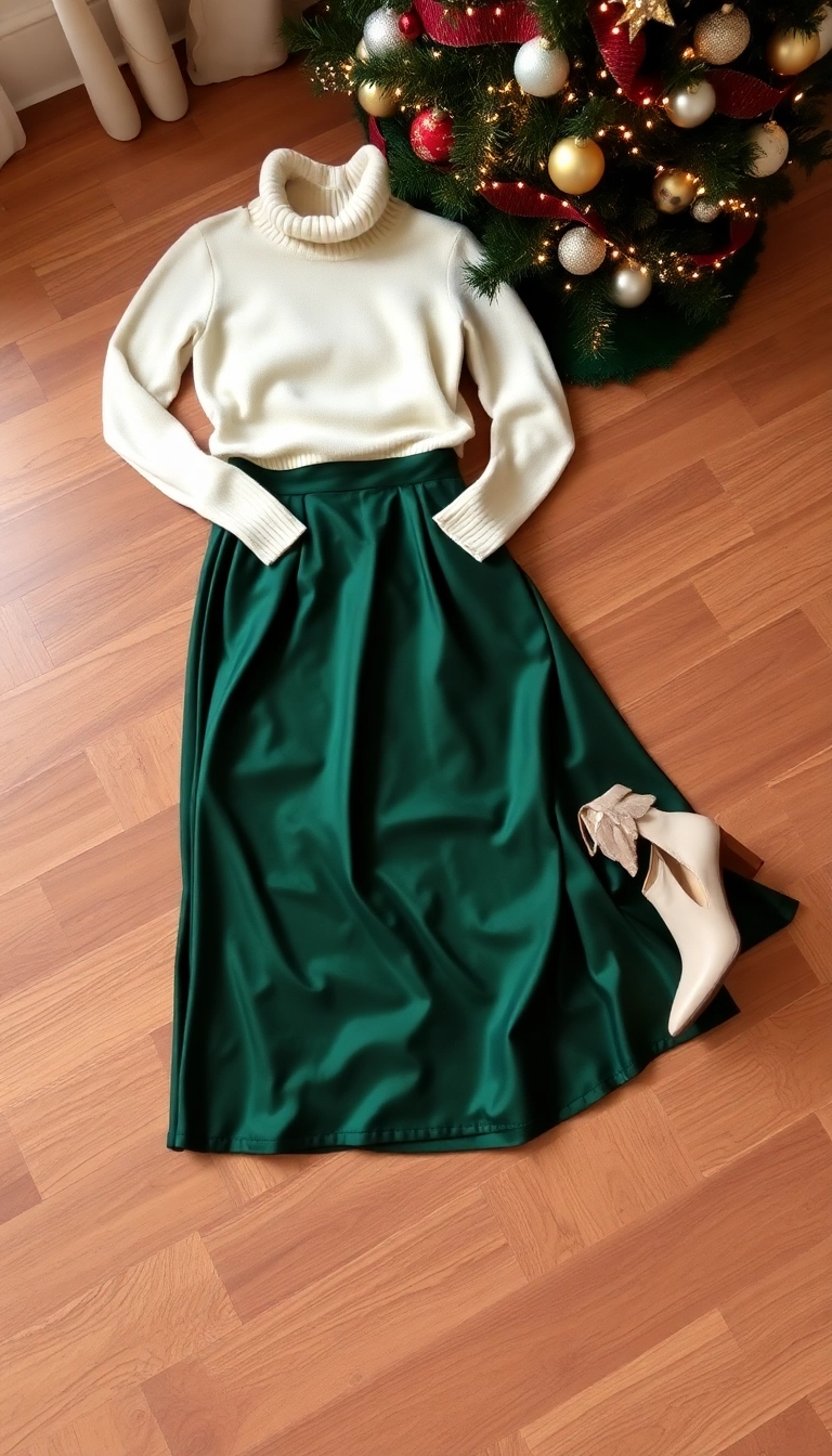 15 Festive Xmas Outfits for Women That'll Make You the Star of the Party! - 4. Elegant Midi Skirt and Turtleneck Combo