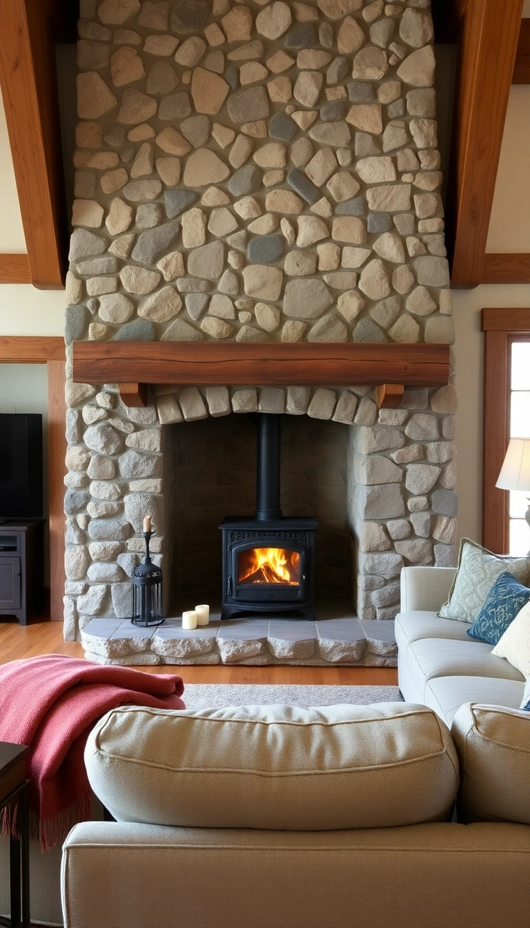 10 Cozy Wood Burning Stoves Ideas for Your Living Room (You'll Want to Snuggle Up with #4!) - 3. Rustic Stone Fireplace