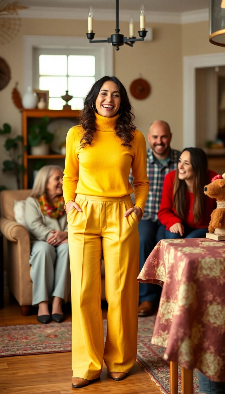 20 Thanksgiving Outfits That'll Make You the Star of the Dinner Table (You Won't Believe #11!) - 10. Brightly Colored Turtleneck with Wide-Leg Pants