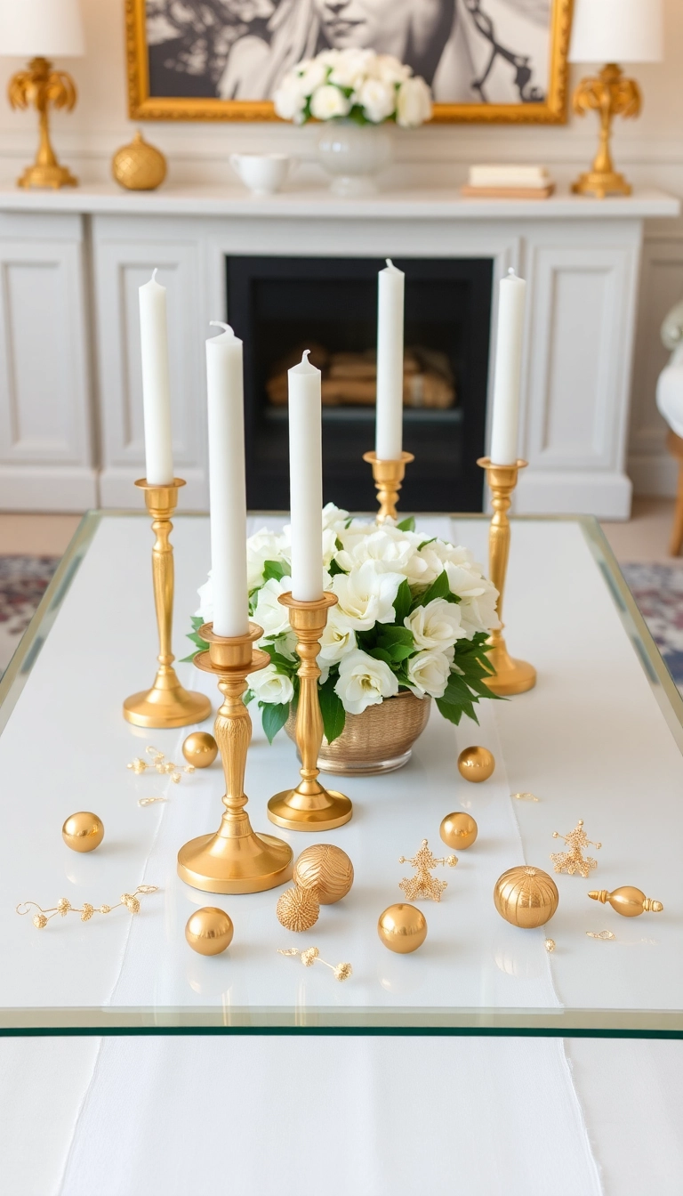 21 Christmas Coffee Table Decor Ideas That Will Have Your Guests Raving! - 2. Elegant Gold and White Theme