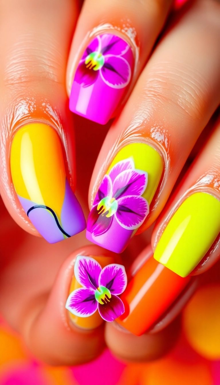 23 Stunning Orchid Nail Designs That Will Make Your Friends Jealous! - 10. Neon Orchid Vibes