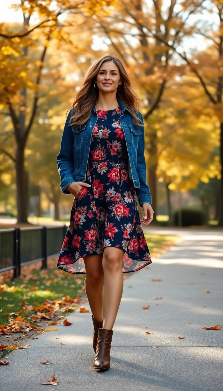 20 Trendy Thanksgiving Outfit Aesthetic Inspirations That Will Elevate Your Fall Wardrobe! - 11. Classic Denim Jacket and Floral Dress