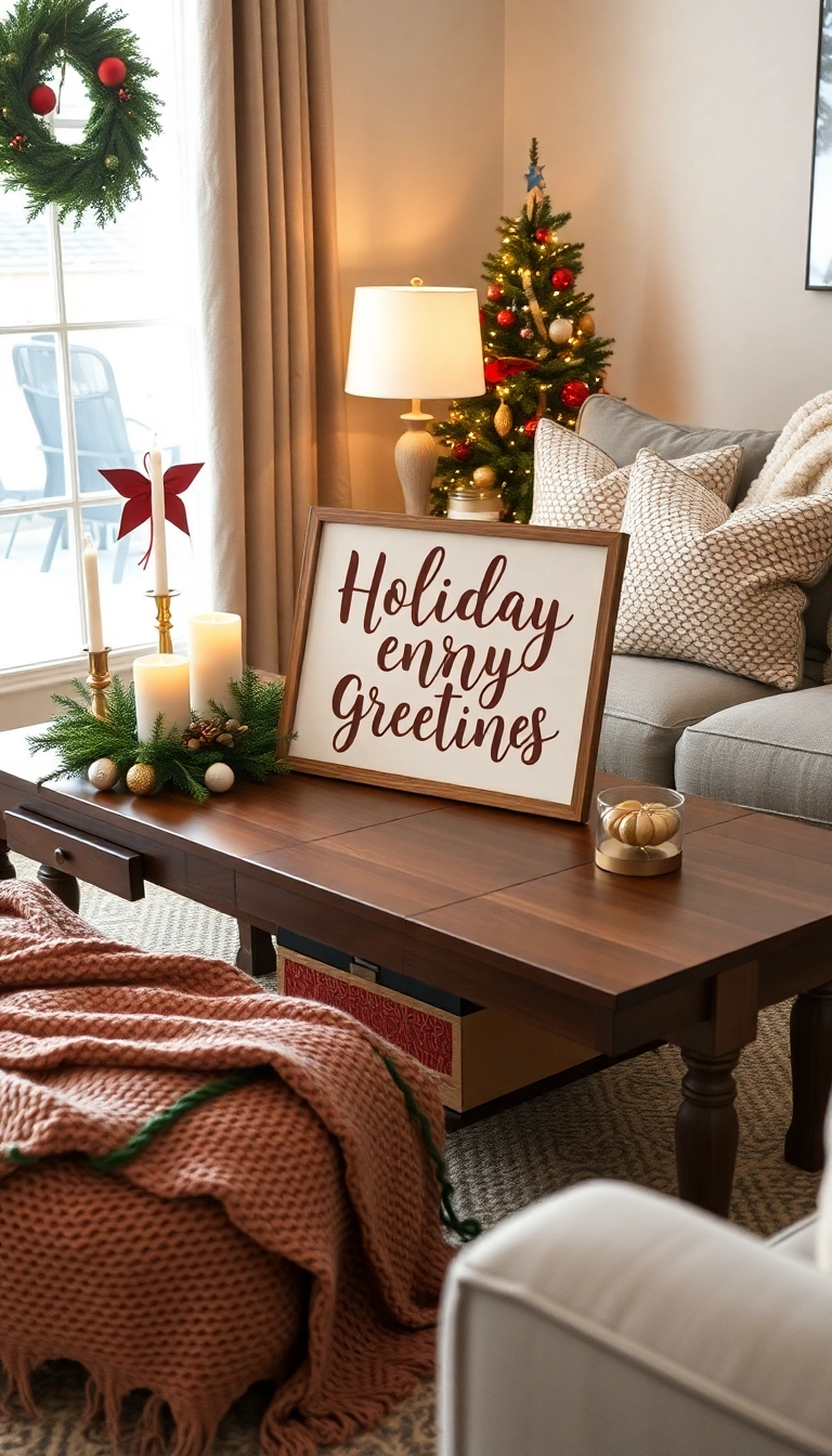 21 Christmas Coffee Table Decor Ideas That Will Have Your Guests Raving! - 20. Holiday Greetings Sign