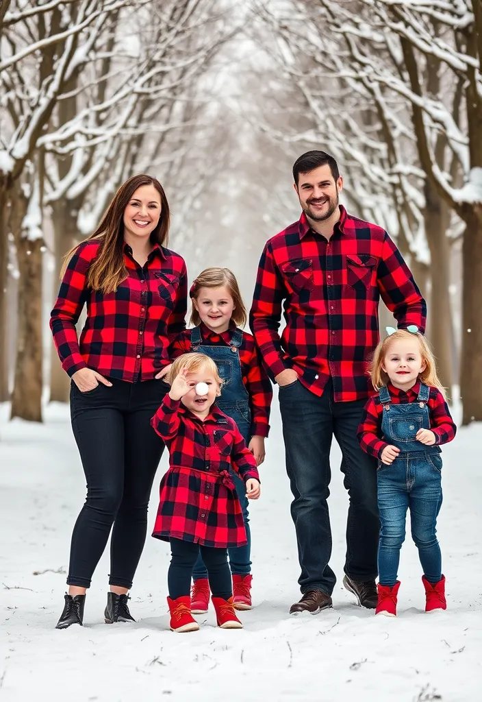 12 Matching Women's Winter Fashion Ideas for Family Photos That Will Make You Look Amazing Together! - 1. Classic Red and Black Plaid Ensemble