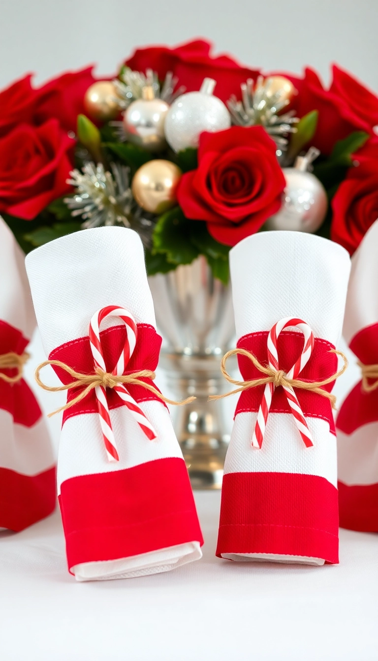 21 Creative DIY Christmas Place Setting Ideas That Will Wow Your Guests! - 5. Candy Cane Napkin Ties