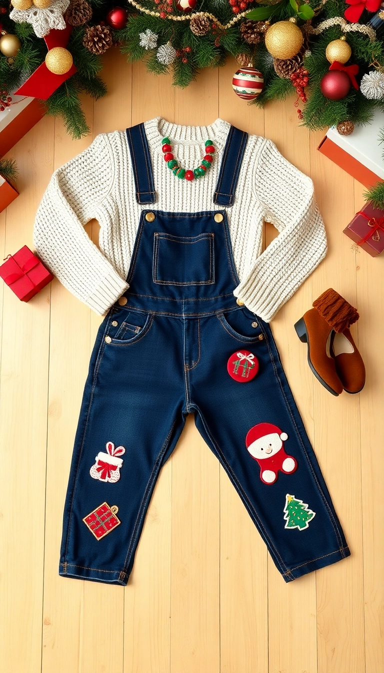 15 Festive Xmas Outfits for Women That'll Make You the Star of the Party! - 14. Stylish Overalls with Holiday Themes