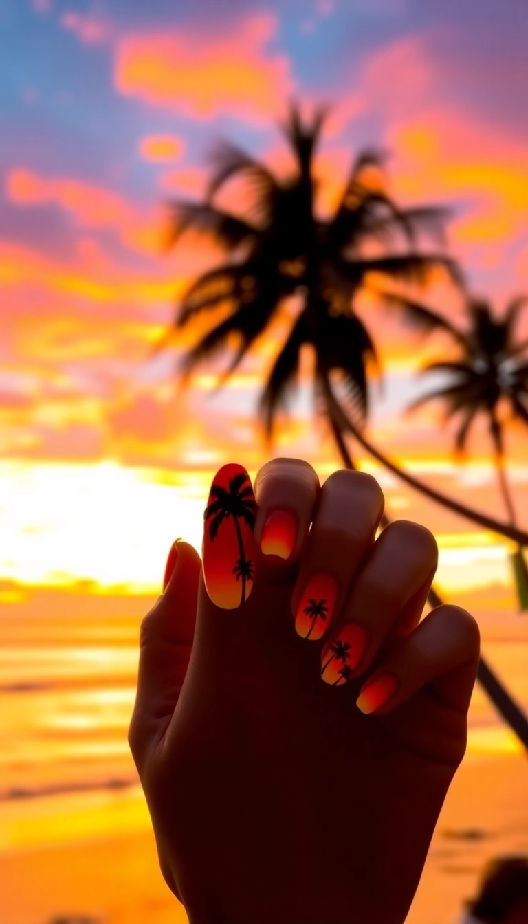 27 Beach Nails Designs That Will Make You Dream of Sunshine (You Won't Believe #15!) - 20. Sunset Palm Trees