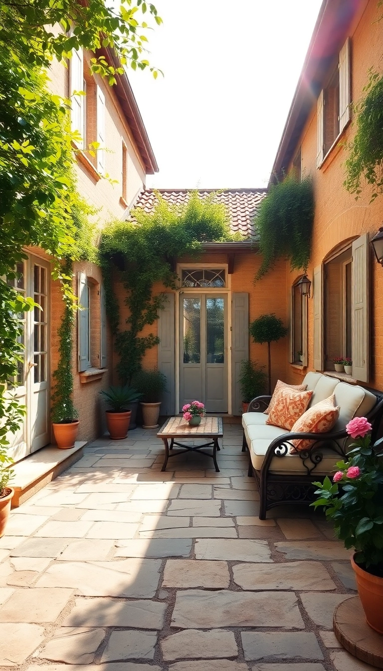 21 Cozy French Country Exteriors That Invite You to Relax and Unwind! - 12. Sunlit Courtyards