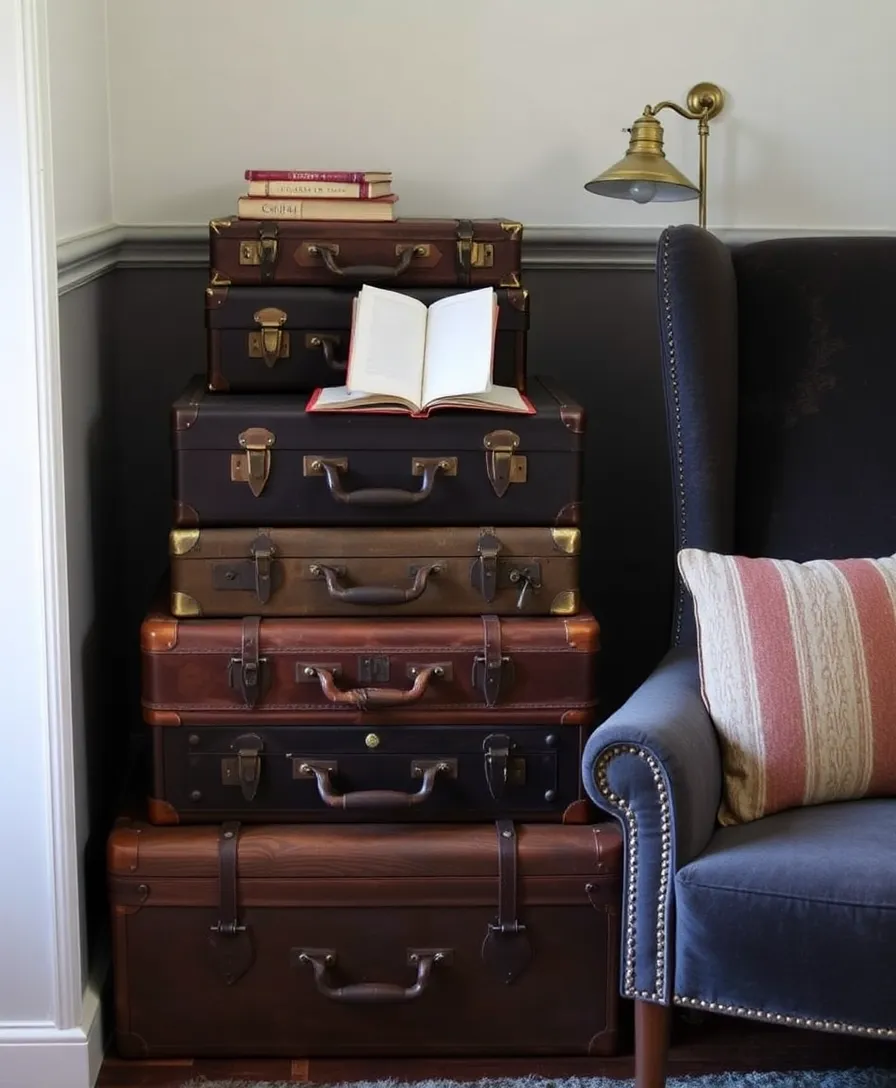 13 Book Storage Aesthetics That Make Minimalism Look Stunning (You’ll Love #5!) - 6. Vintage Suitcases: A Charming Touch