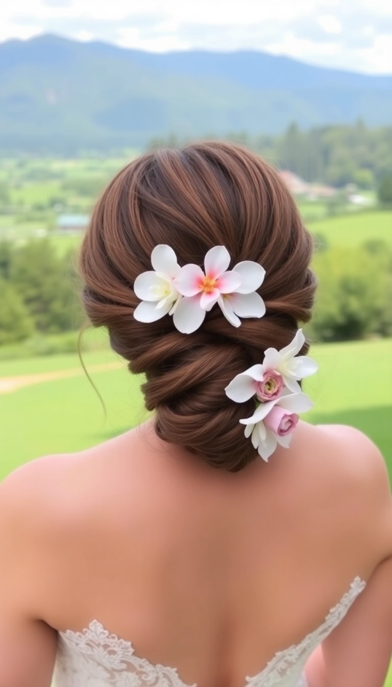 25 Romantic Wedding Hairstyles That Will Make Your Heart Melt (Especially #12!) - 21. Twisted Low Bun with Floral Accents