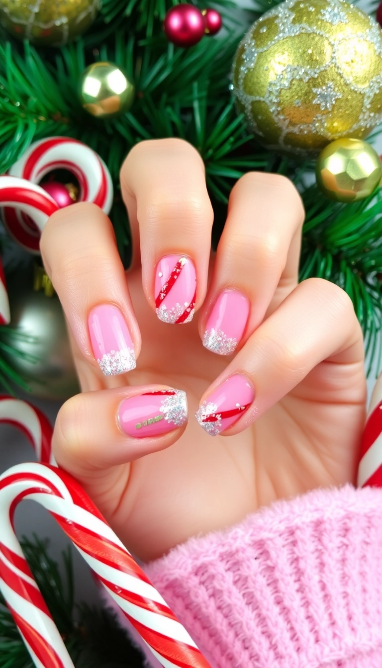 21 DIY Pink Winter Nails That Are So Easy, You'll Want to Try Them All (Don't Miss #8!) - 2. Candy Cane Chic