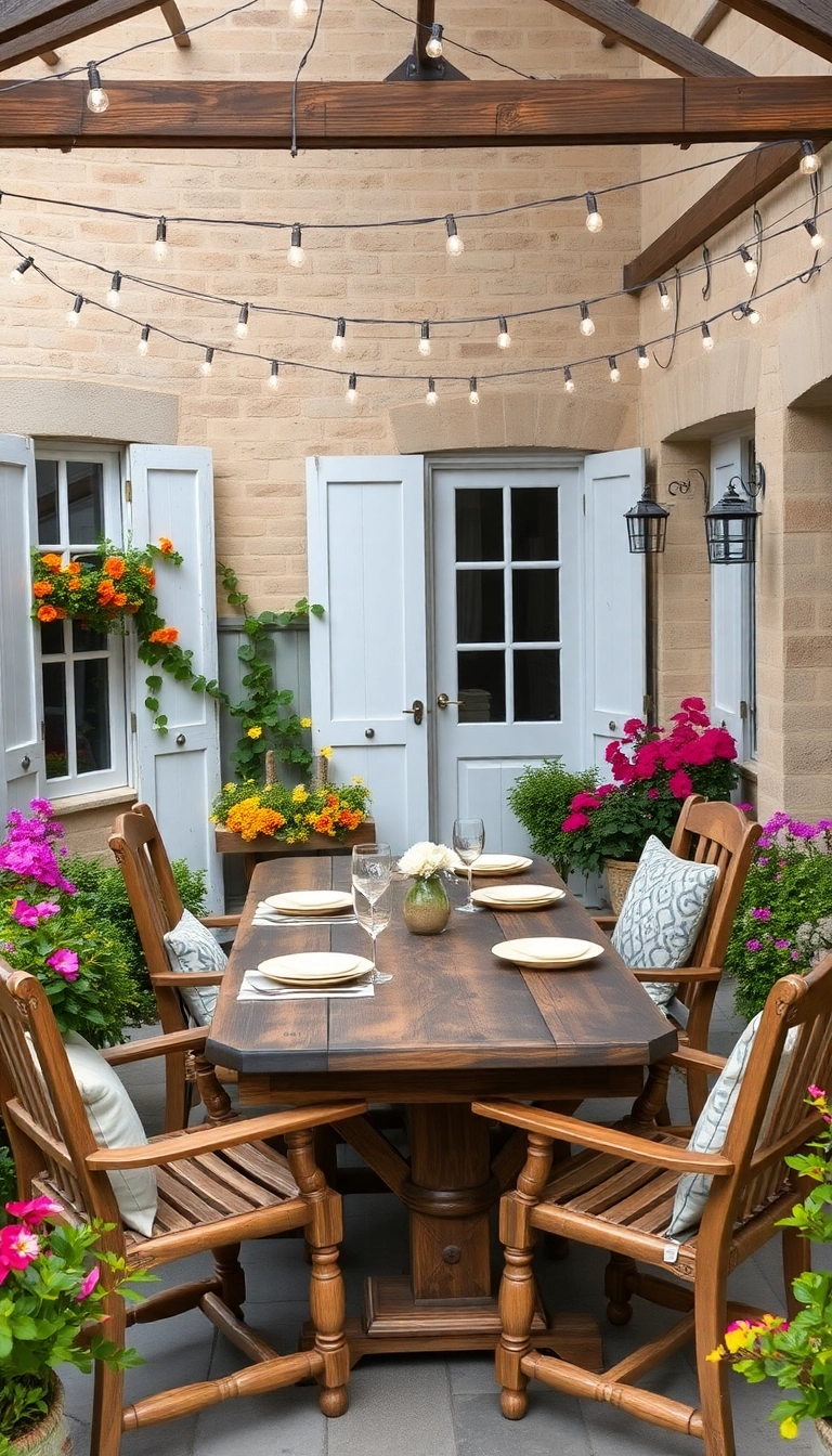 21 Cozy French Country Exteriors That Invite You to Relax and Unwind! - 14. Inviting Outdoor Dining Areas