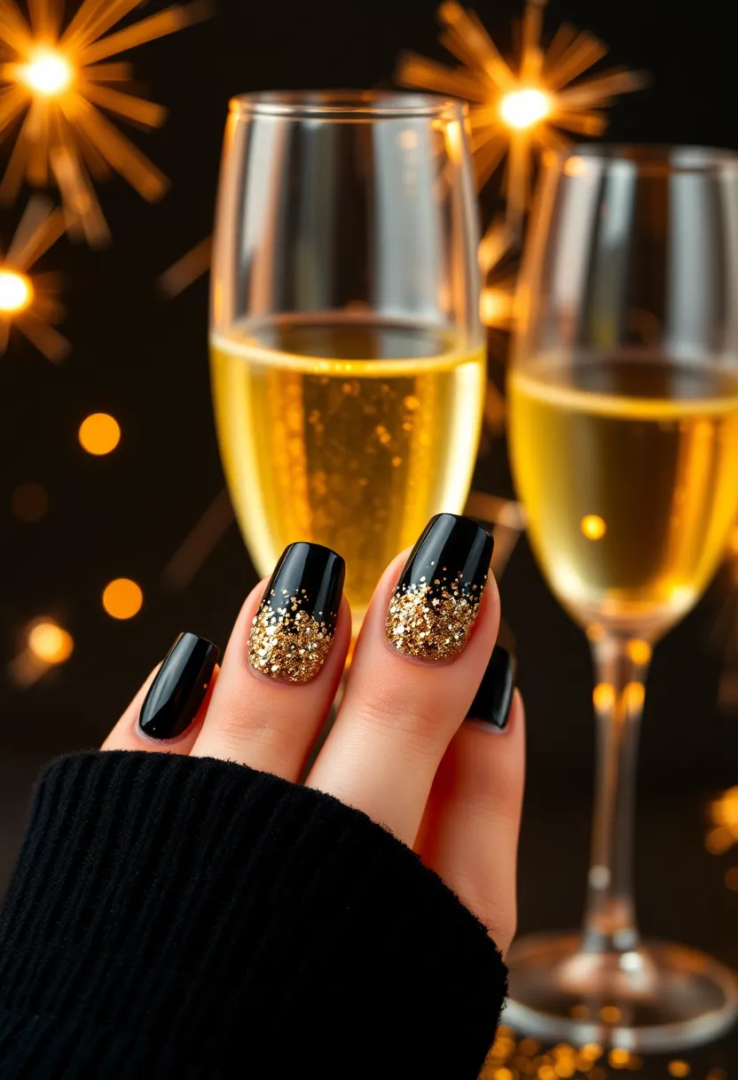 Sophisticated Black Nails: Perfect for New Year Nails - 9. Black and Gold Glitter Gradient