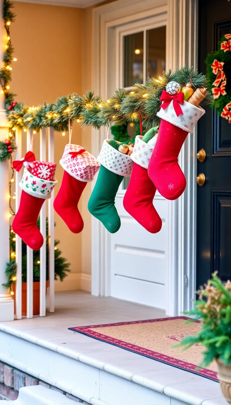 21 DIY Outdoor Christmas Decorations That'll Make Your Neighbors Jealous! - 15. Christmas Stockings on the Porch