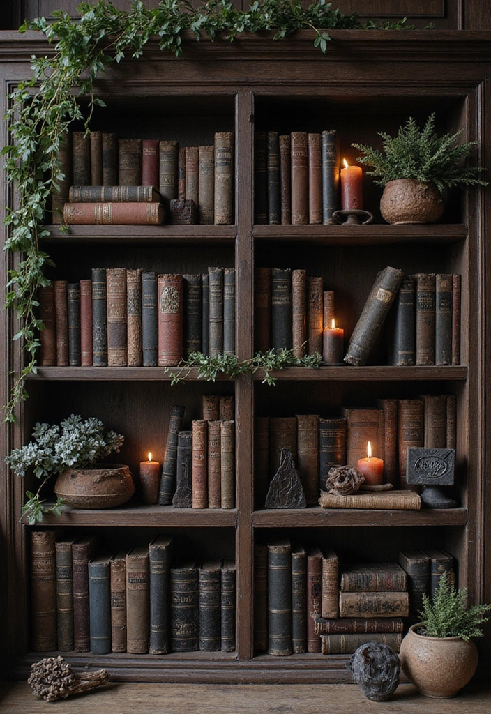 25 Dark Fantasy Decor Ideas That’ll Give Your Home a Hauntingly Beautiful Vibe! - 15. Hauntingly Beautiful Bookshelves