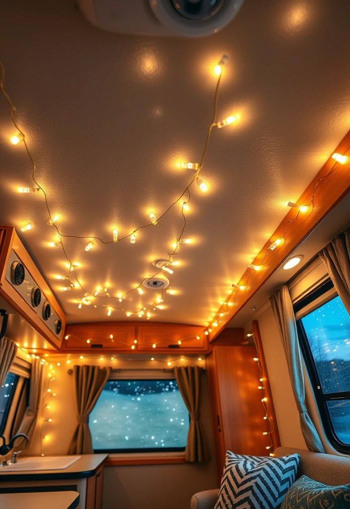 25 Cozy RV Decor Ideas That Will Make You Feel Right at Home on the Road! - 1. Warm Lighting with String Lights