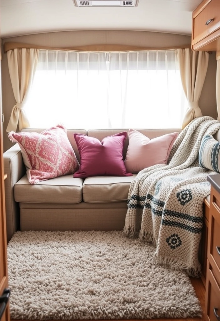 25 Cozy RV Decor Ideas That Will Make You Feel Right at Home on the Road! - 2. Soft Textiles for Comfort