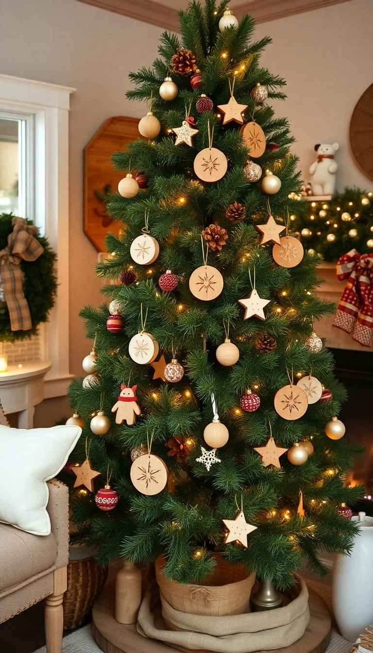 21 Cozy Farmhouse Christmas Tree Ideas That'll Make You Wish It Was Christmas Year-Round! - Handmade Wooden Ornaments