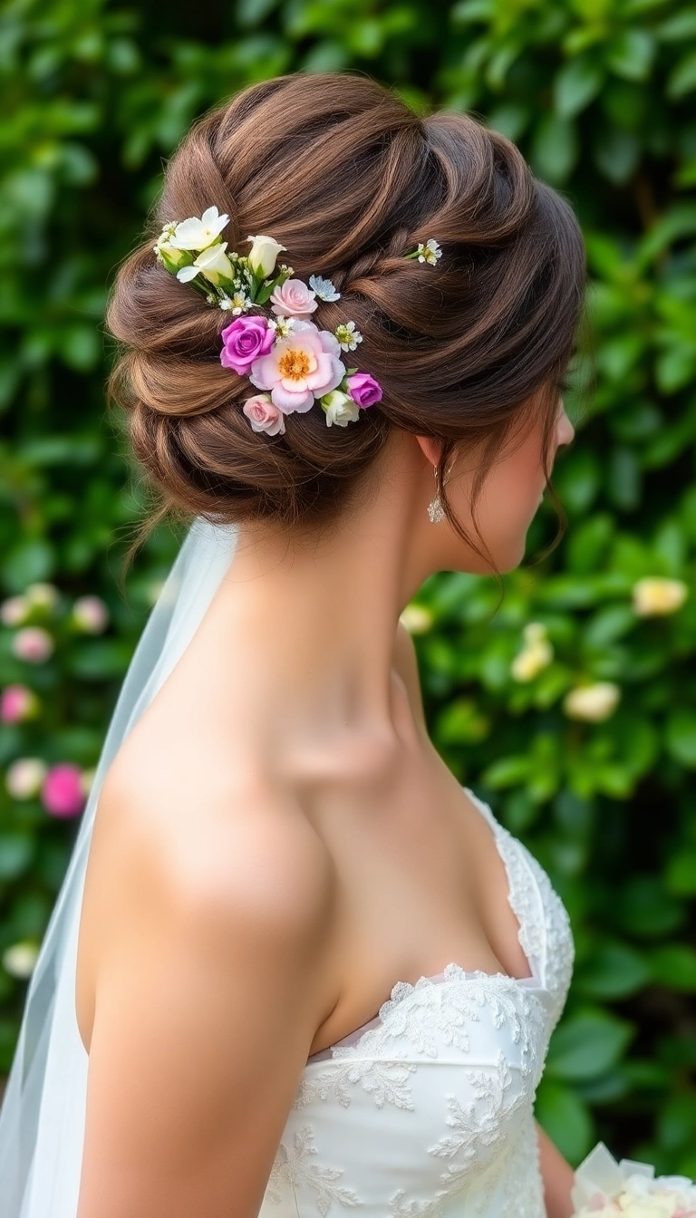 25 Romantic Wedding Hairstyles That Will Make Your Heart Melt (Especially #12!) - 17. Romantic Pinned Updo with Flowers