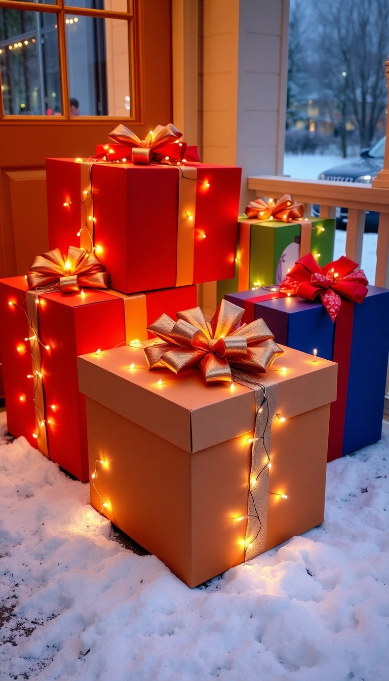 21 DIY Outdoor Christmas Decorations That'll Make Your Neighbors Jealous! - 18. Light-Up Gift Boxes