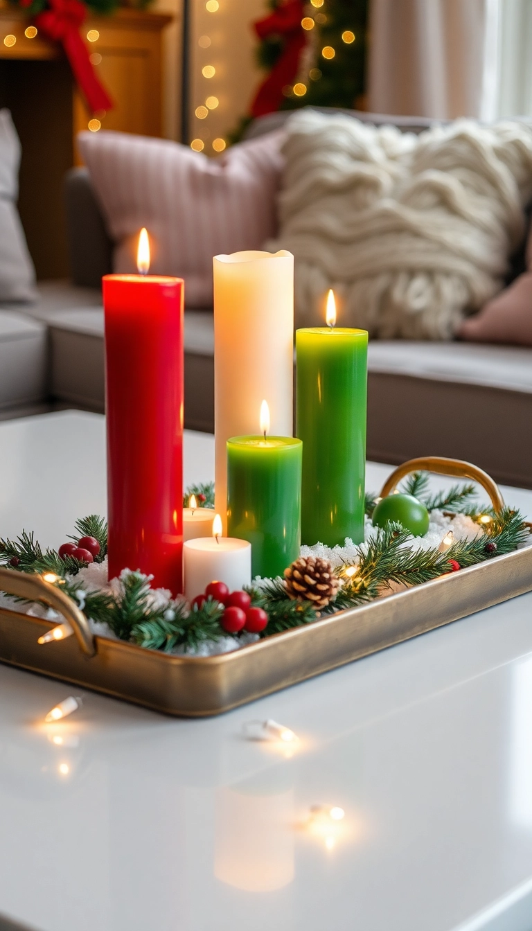 21 Christmas Coffee Table Decor Ideas That Will Have Your Guests Raving! - 4. Festive Candle Arrangement