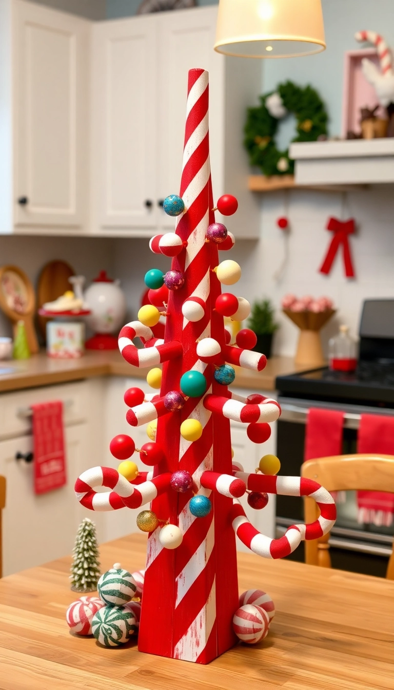 21 Wood Christmas Trees DIY That Will Light Up Your Holiday Spirit! - 20. Wooden Candy Cane Tree