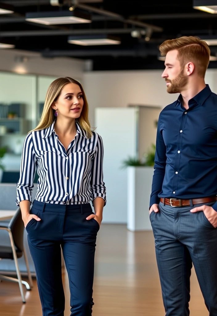 12 Smart Casual Matching Outfits for Couples That’ll Make You the Power Pair at Work! - 3. Striped Sophistication